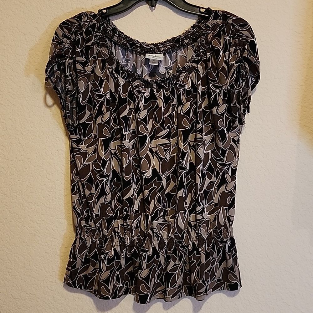 WORTHINGTON Women’s Blouse Black/Brown Cinch Sleeves Stretch Waist Size M